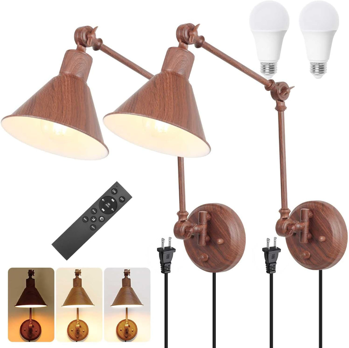 Pair of wood‑grain brown swing‑arm wall sconces with plugs, remote and two LED bulbs shown on white background
