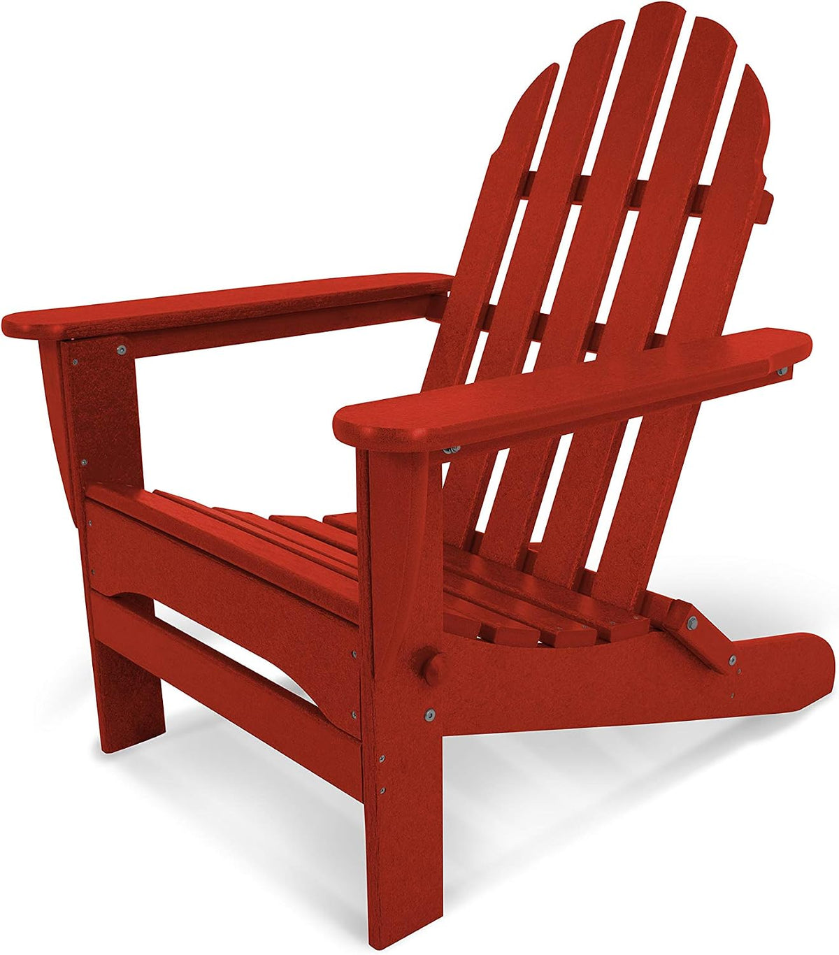 Low-angle view of a red Adirondack chair highlighting the seat slats and adjustment peg.