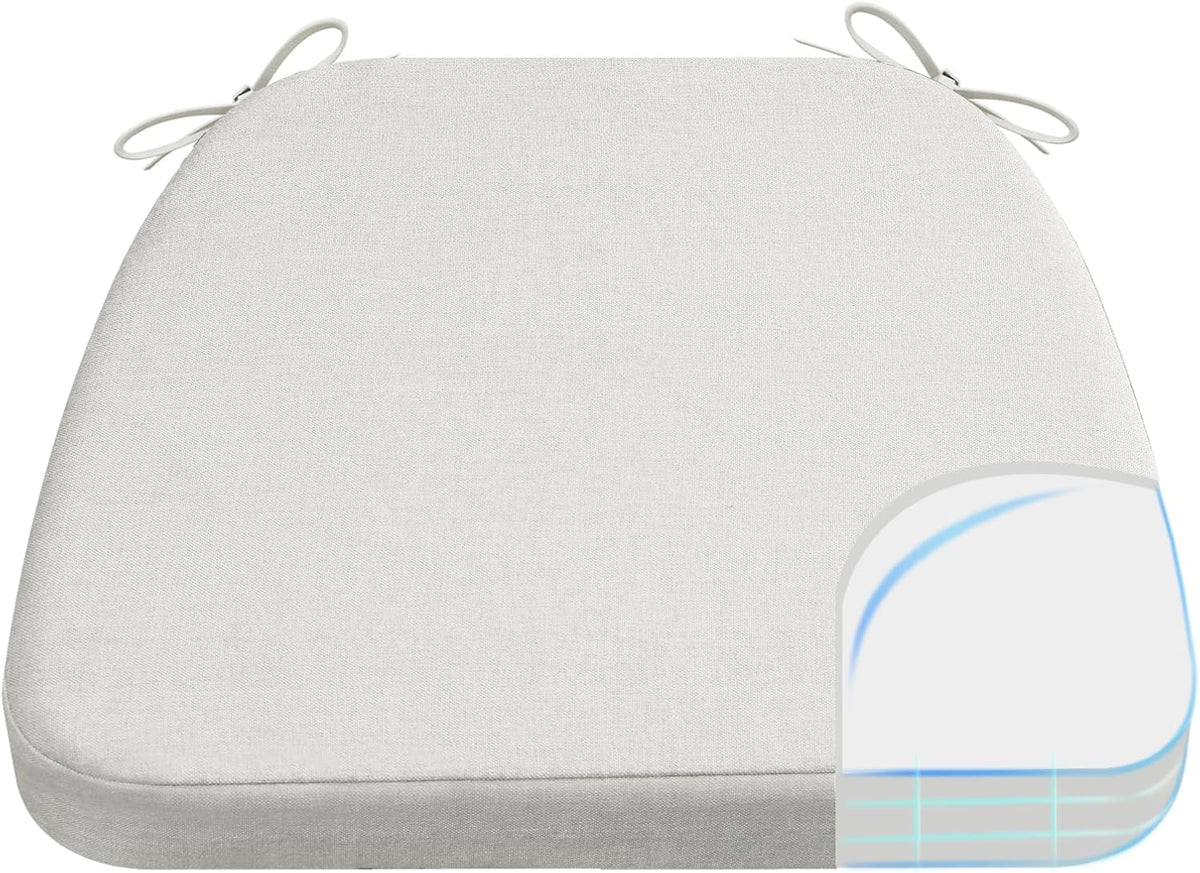 Top-down oatmeal beige D-shaped cushion with a small corner cutaway illustration showing layered interior