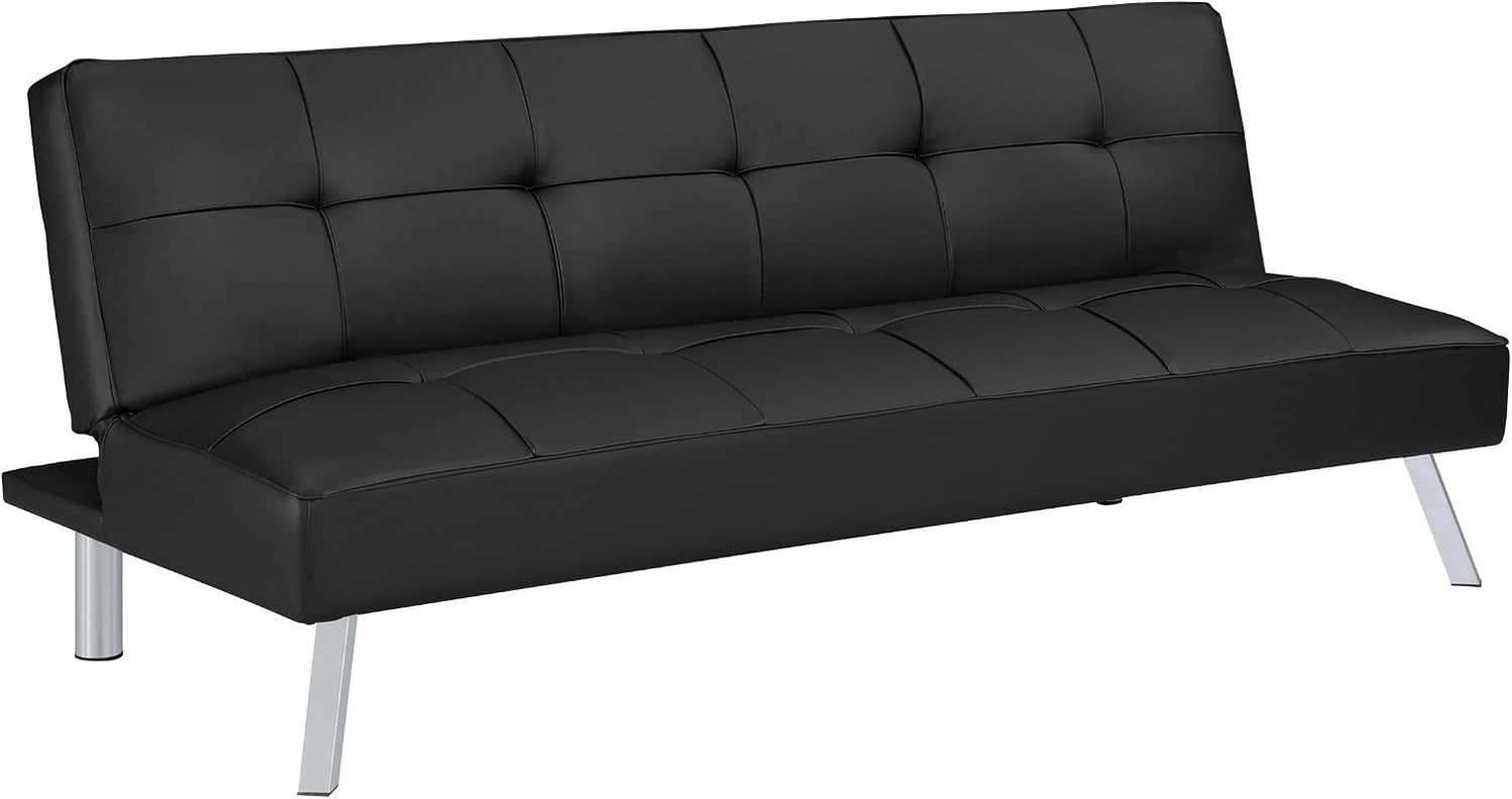 Black tufted futon sofa bed angled front view showing chrome legs and button tufting