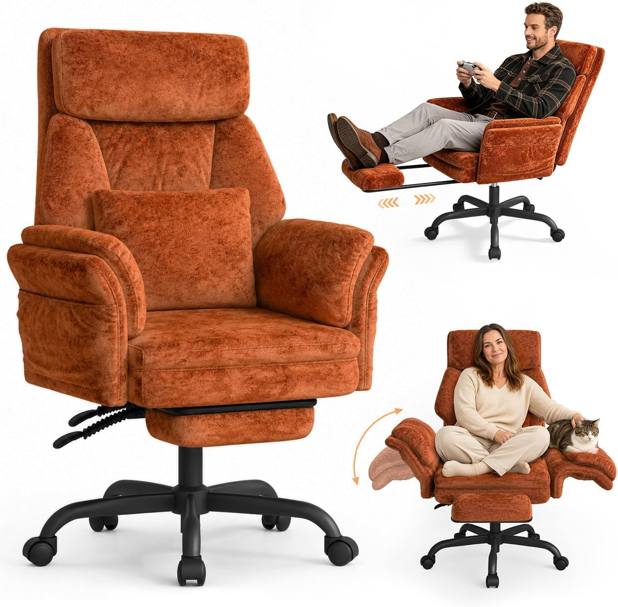 Rust-orange plush reclining office chair shown large with inset images of a man reclining and a woman sitting cross-legged.