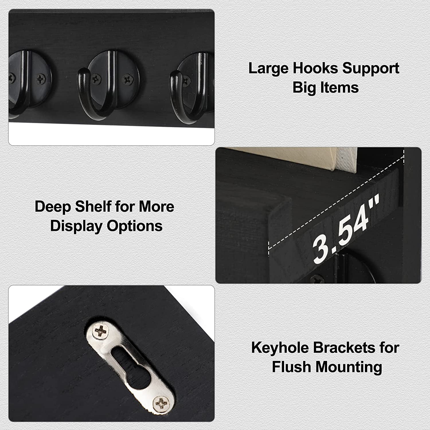 Feature collage showing three hooks, the shelf depth, and a rear keyhole mounting bracket.