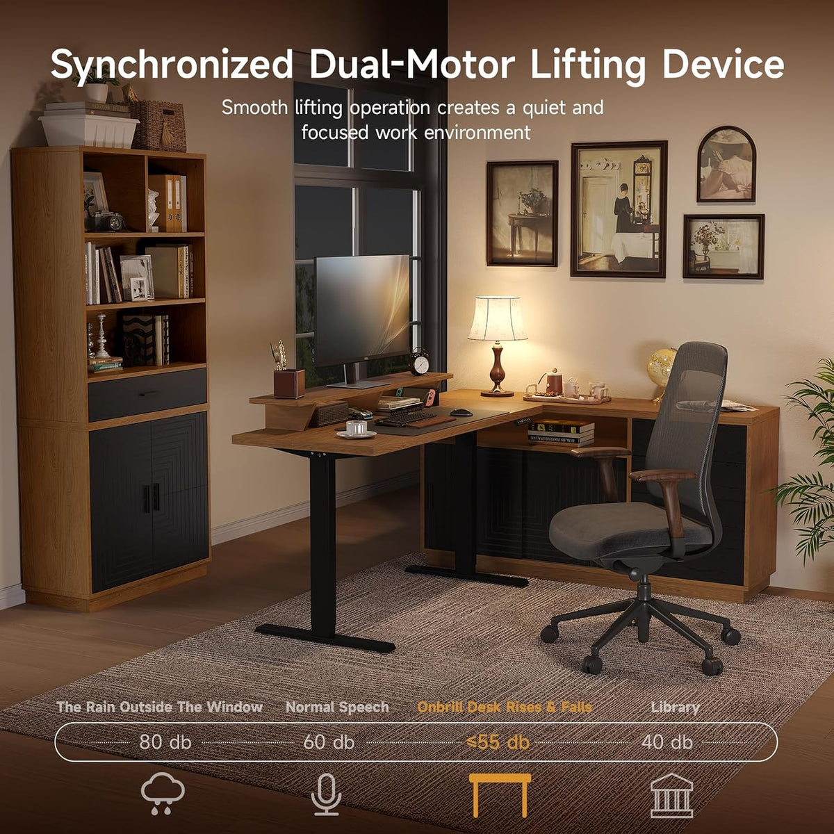 Oak brown office set with desk, tall bookcase and chair in a warm-lit room, angled lifestyle view