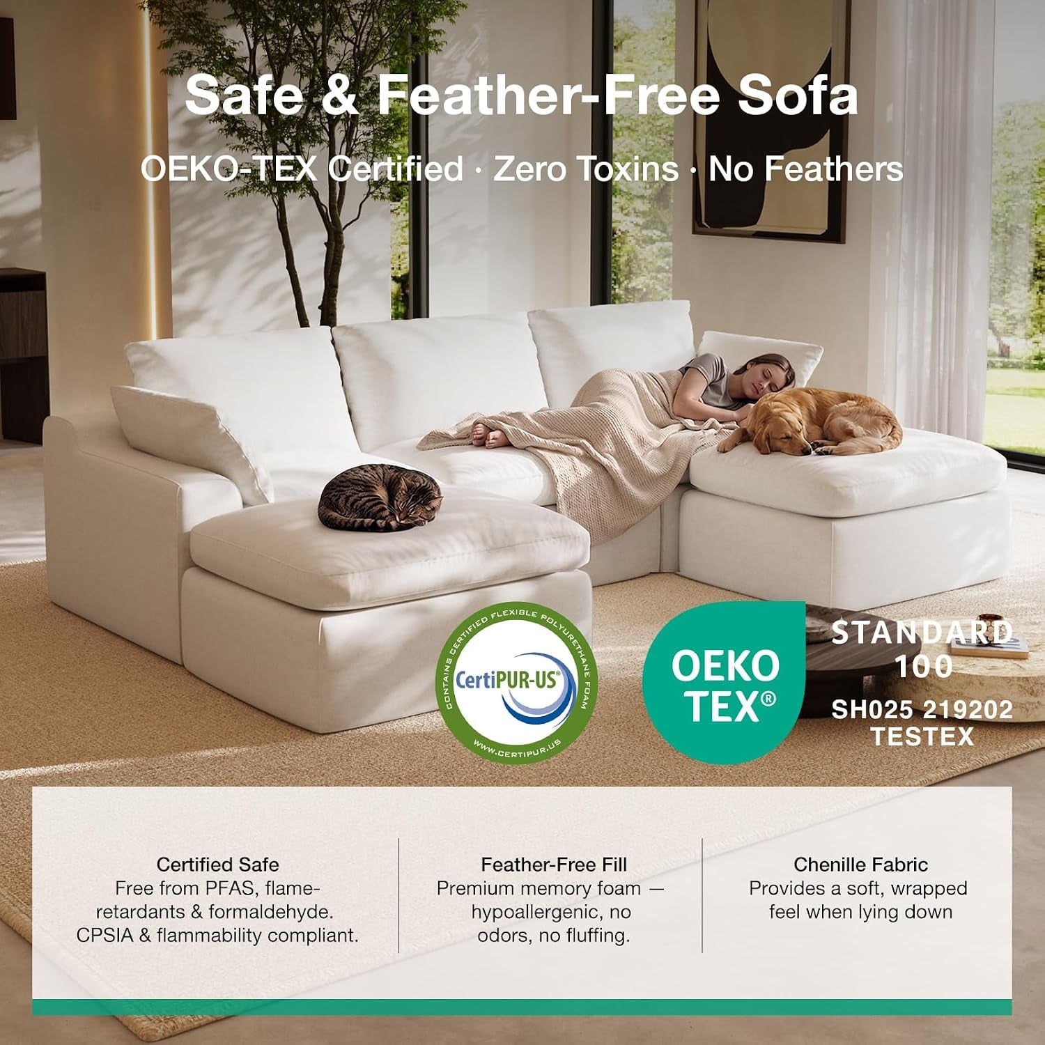 104.3" Modular Cloud Couch, Modern Sectional Sofa with Smarts Coil® Support, Chenille Fabric, Upholstered Couch for Living Room Apartments Bedroom, No Assembly, 3 Seater + 1 Ottoman, White
