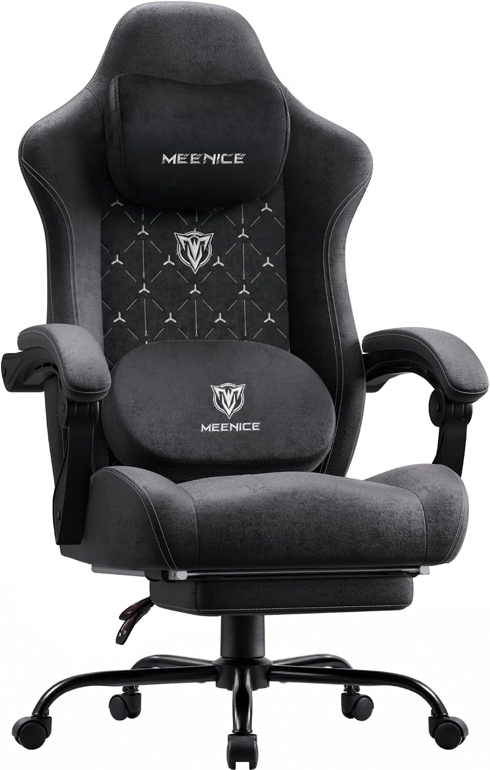 Grey fabric high-back gaming chair frontal white background showing pocket-spring seat and lumbar pillow