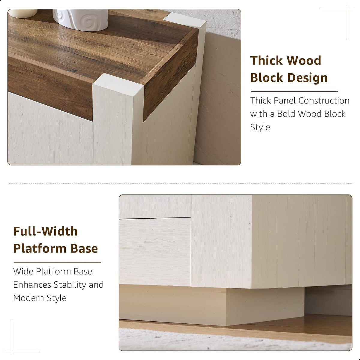 Tight close-up of the console's thick wood block corner and contrasting woodgrain top