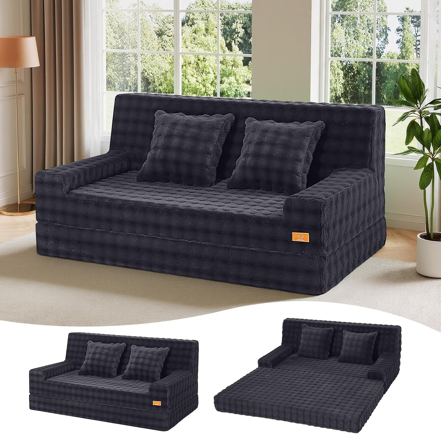 Dark charcoal corduroy loveseat in a bright room with two matching square pillows and inset sofa/bed views.