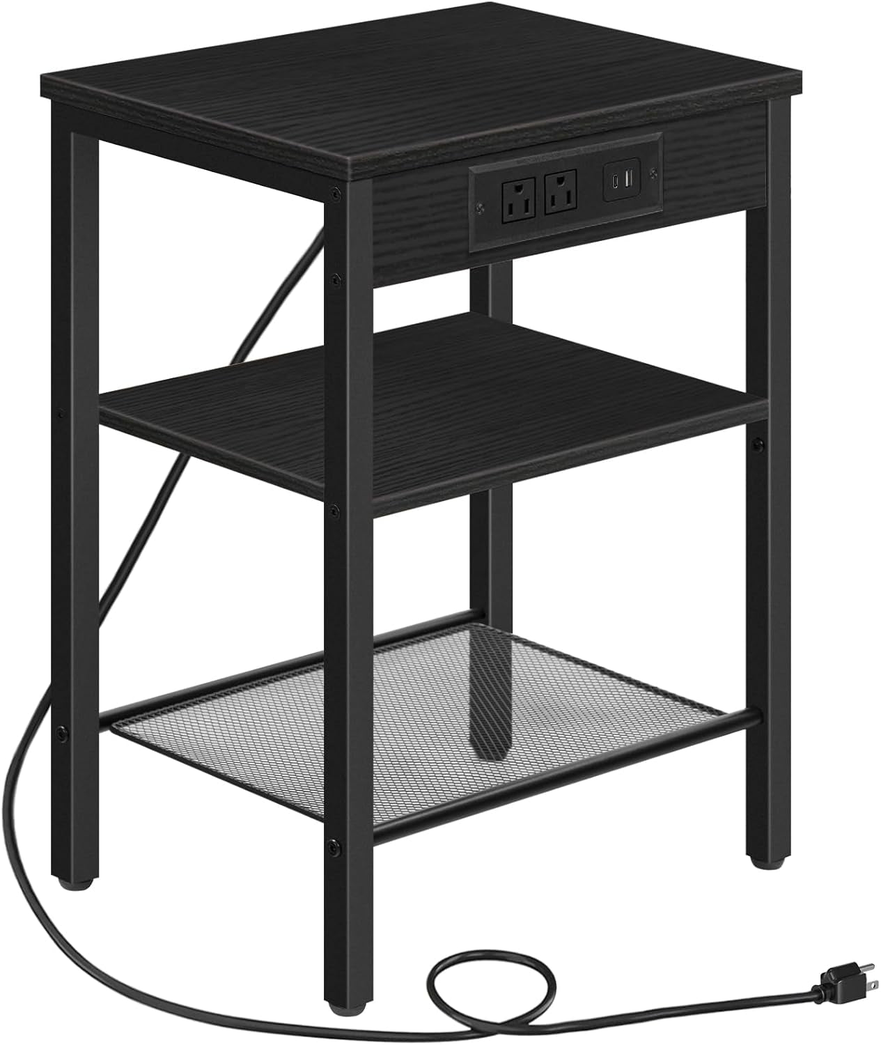 Black side table with black wood-look top, black frame, mesh bottom shelf and visible power cord.