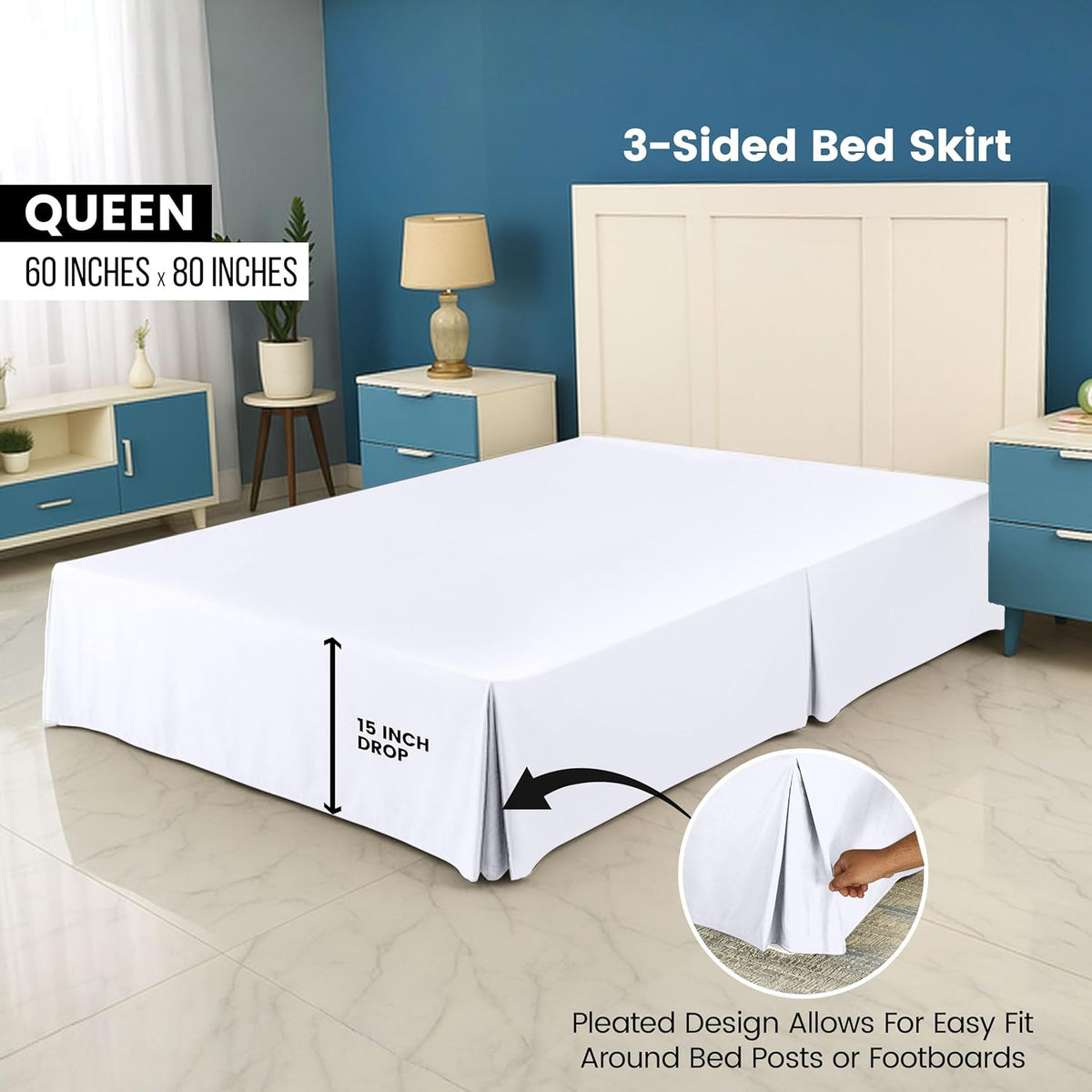 Three-sided white pleated bed skirt shown on a bed with an arrow and inset close-up of the corner pleat