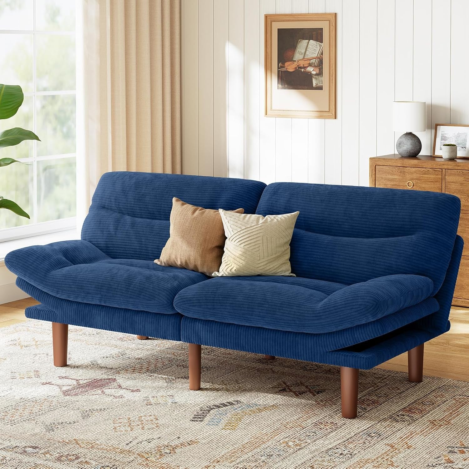 66.02" Futon Sofa Bed, Convertible Corduroy Futon Couch with Adjustable Backrest & Armrests, Small Sleeper Sofa Loveseat for Living Room, Apartment, Blue