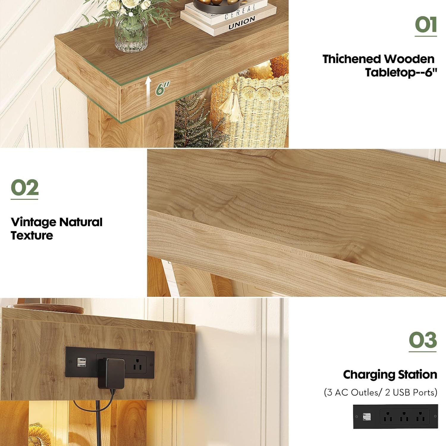 Close-up collage of thick wood-look tabletop texture and the charging station panel with 3 AC outlets and 2 USB ports