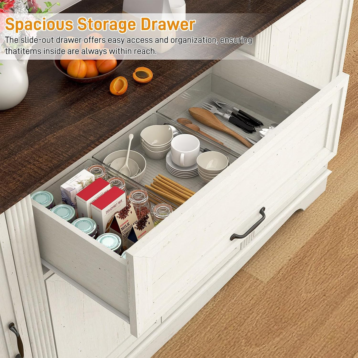 Top slide-out drawer pulled open showing organized dishware, jars and pantry items inside