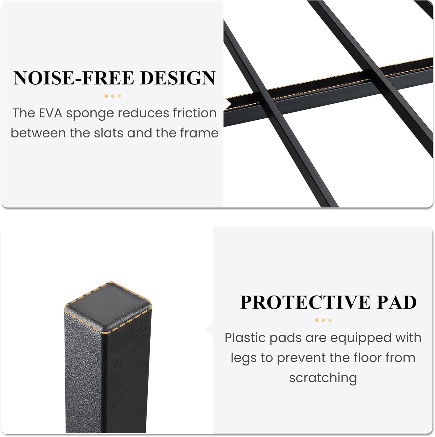 Close-up of metal slats and protective plastic foot pad highlighting noise‑reducing strips