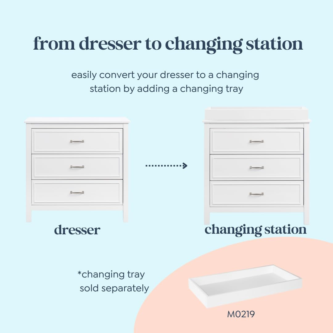 Graphic showing the dresser on the left and the same dresser with a raised changing tray on the right, with arrow between