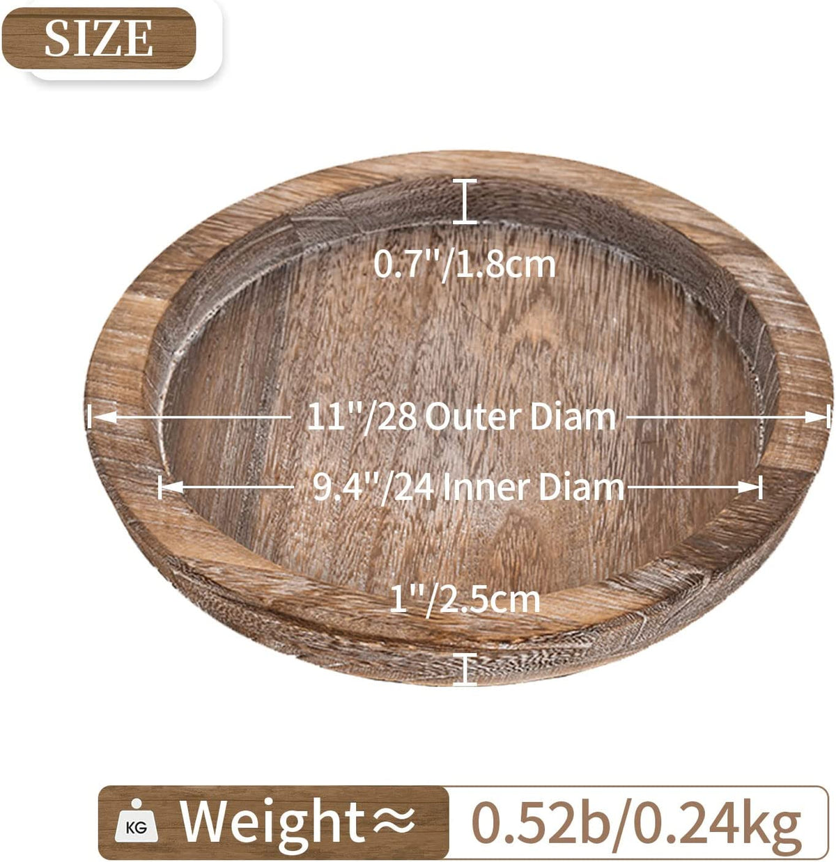 Top-down view of round wooden tray showing inner and outer diameter measurement overlays