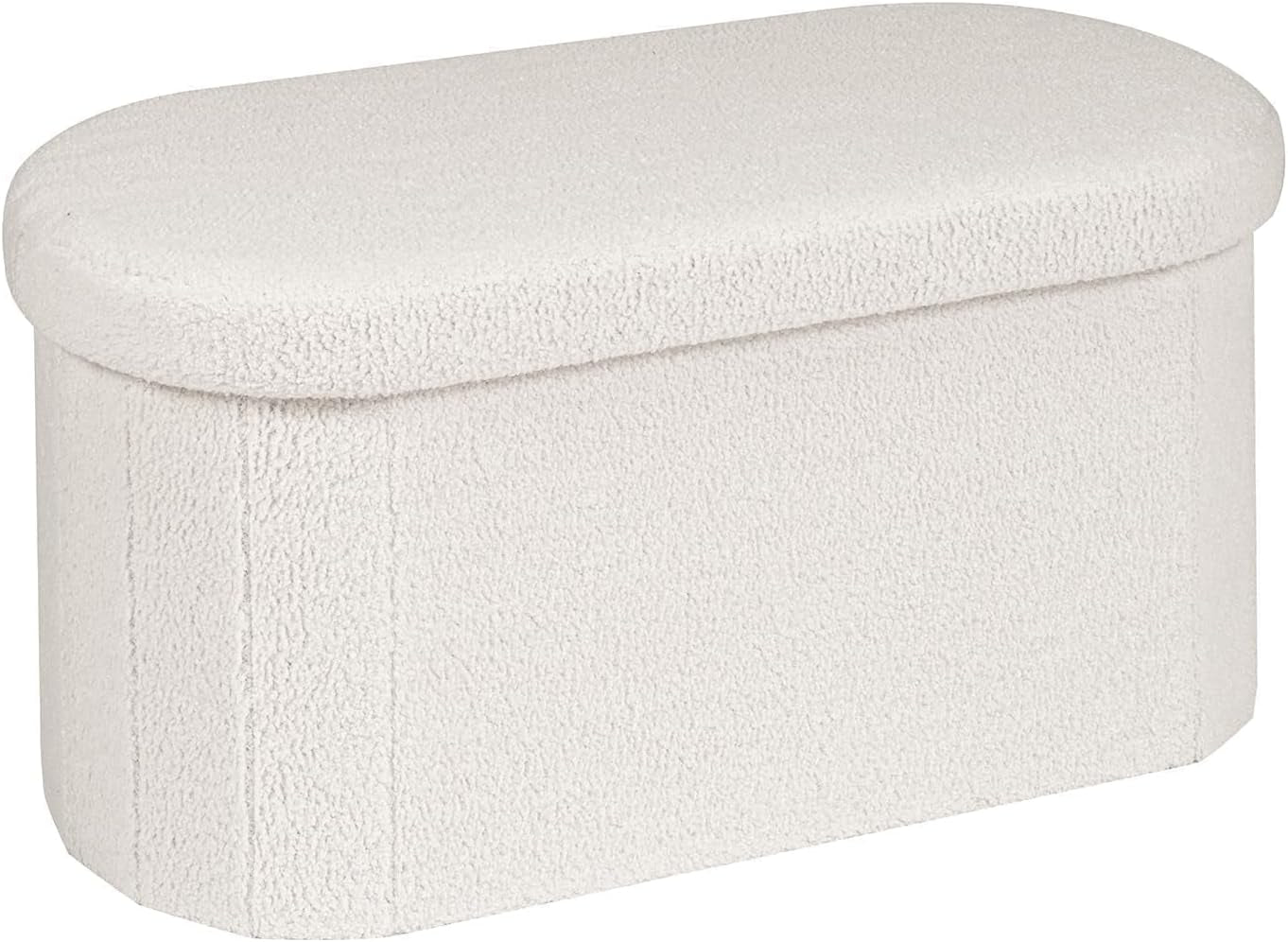 Medium white sherpa storage bench with rounded cushioned top, angled view showing front and left seam