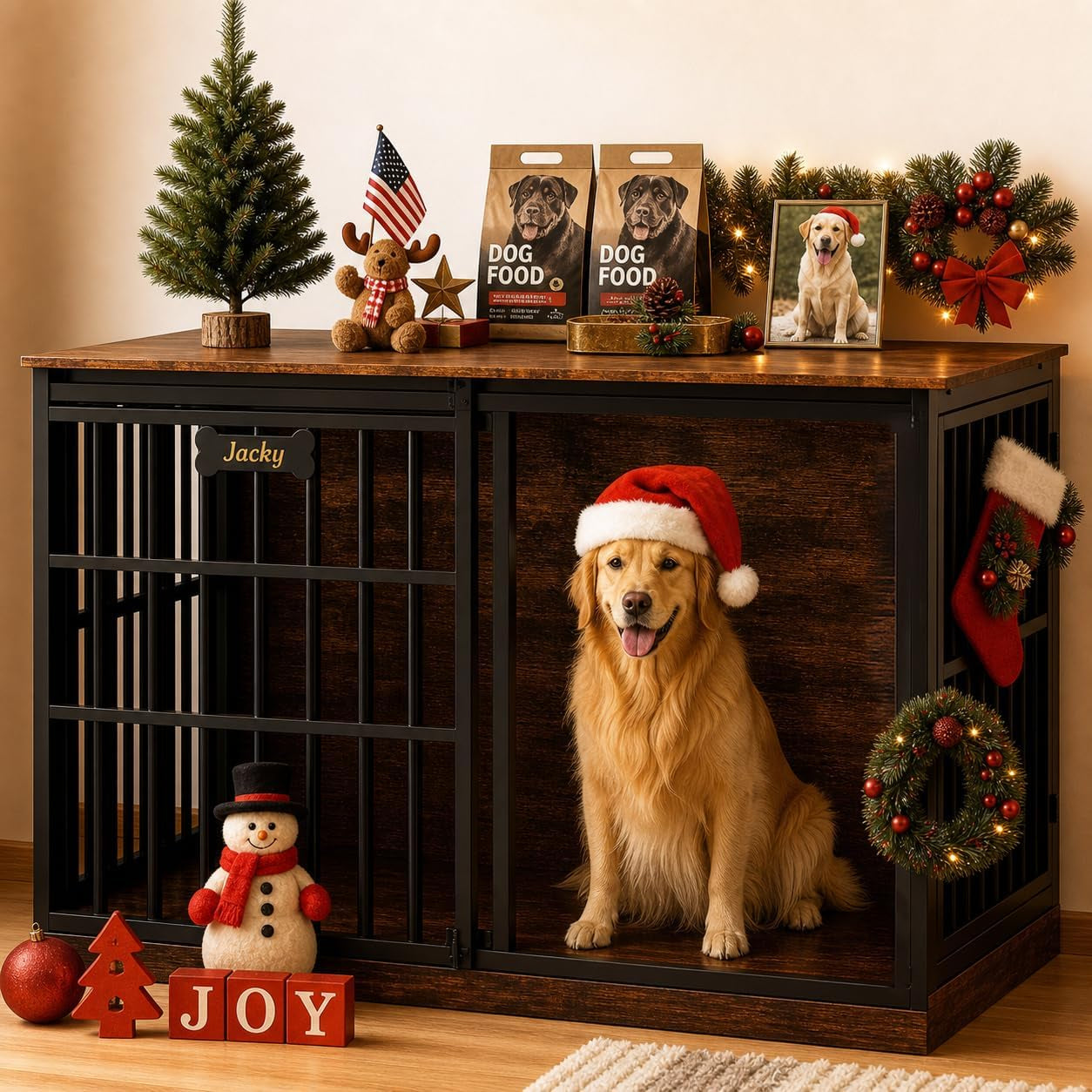 Dark wooden dog crate decorated for the holidays with a golden retriever wearing a Santa hat sitting inside.