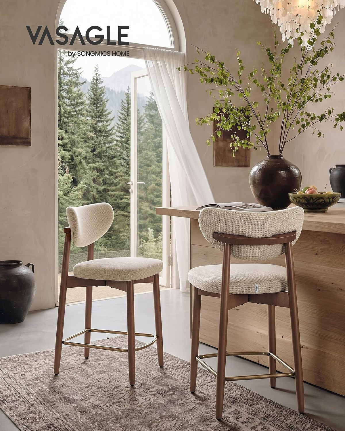 Two linen-look counter stools in a kitchen setting, front and back views showing integrated pull handle on backrest.