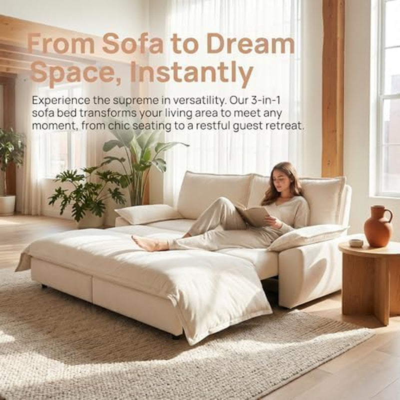 Beige convertible sofa bed pulled out into bed with a woman reading, plants and round wood side table nearby.