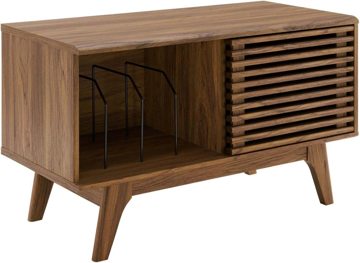Walnut finish record stand angled front view showing open storage with three metal dividers and slatted sliding door.