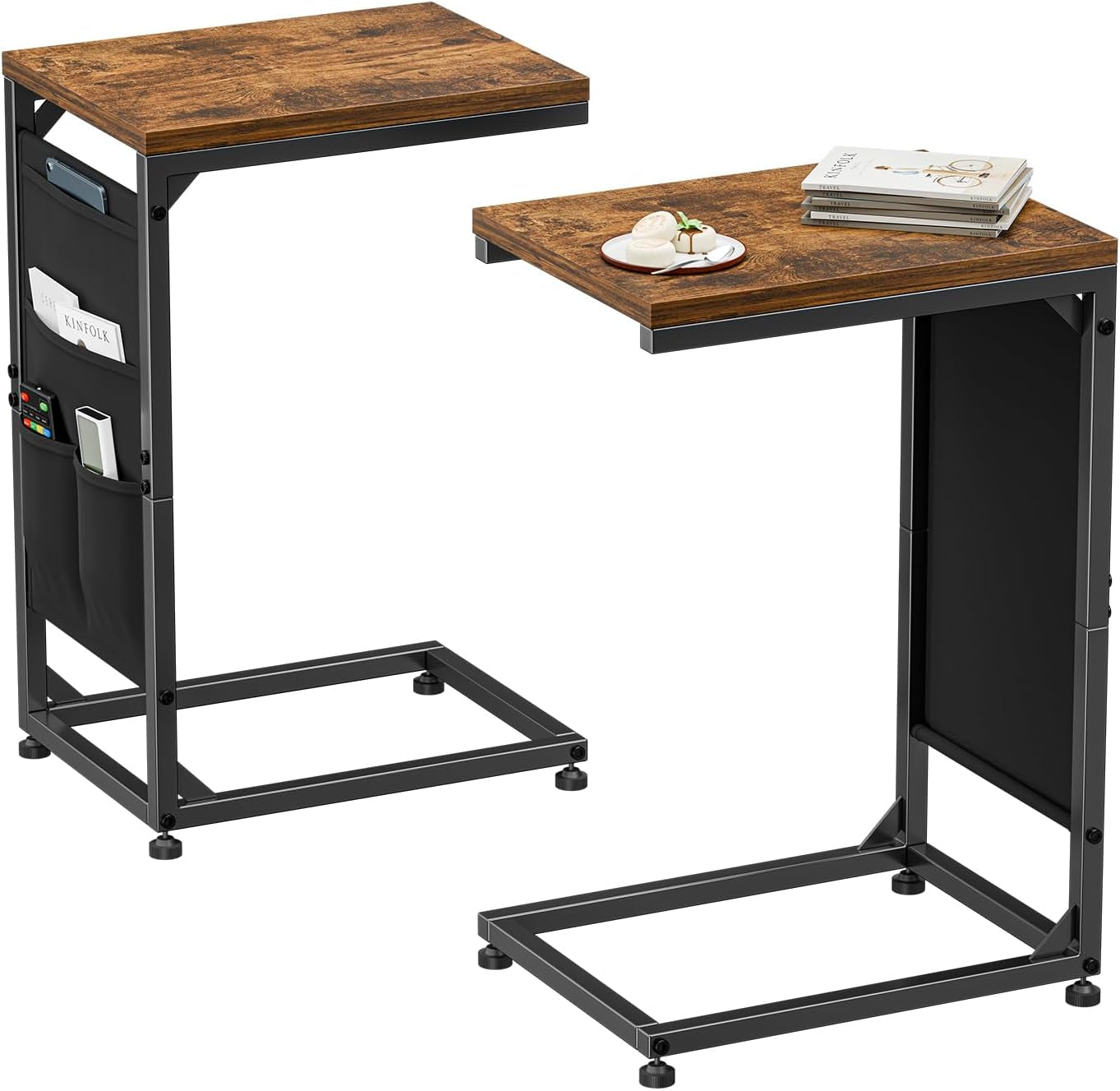 Two views of the C-table: one showing a side fabric pocket with pockets, the other a top surface holding books and snacks