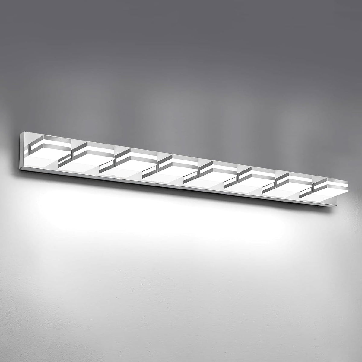 Straight frontal view of a long five-light vanity fixture with chrome finish