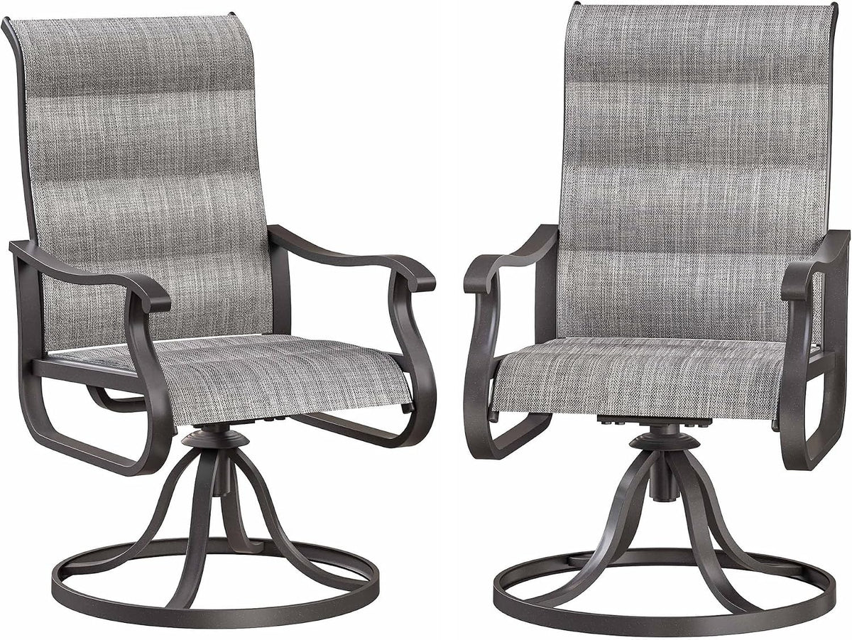 Two matching swivel outdoor chairs side by side in light gray woven fabric with round metal bases