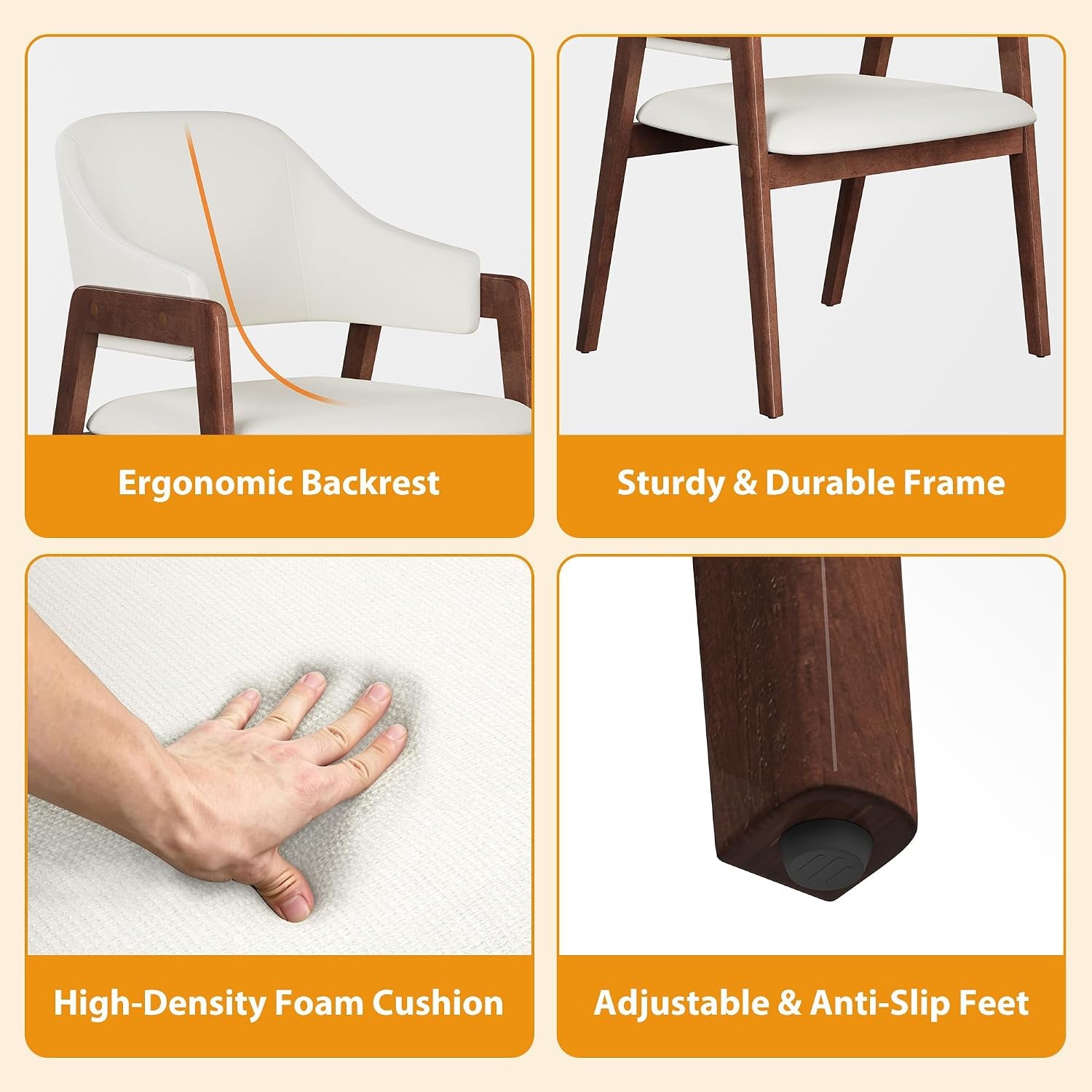 Four-panel detail collage showing ergonomic backrest, sturdy wood frame, high-density cushion and anti-slip foot