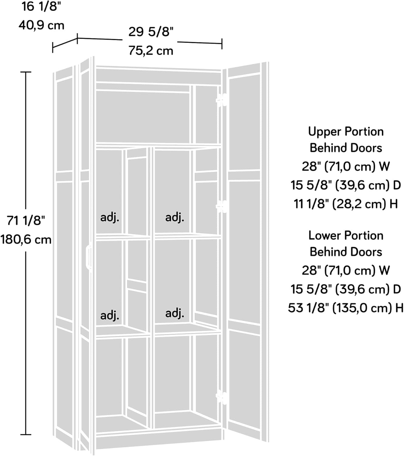 Line drawing of tall two-door cabinet with overall height, width and depth dimensions noted
