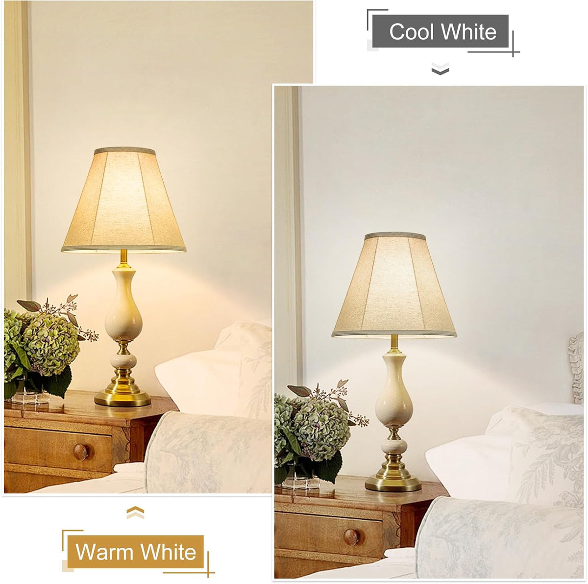 Table lamp on bedside table showing the bell lampshade illuminated in warm and cool white lighting examples