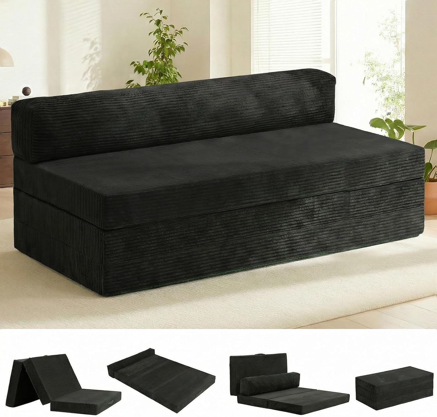 Front view of a dark charcoal corduroy futon sofa bed with stacked cushion base and back cushion.