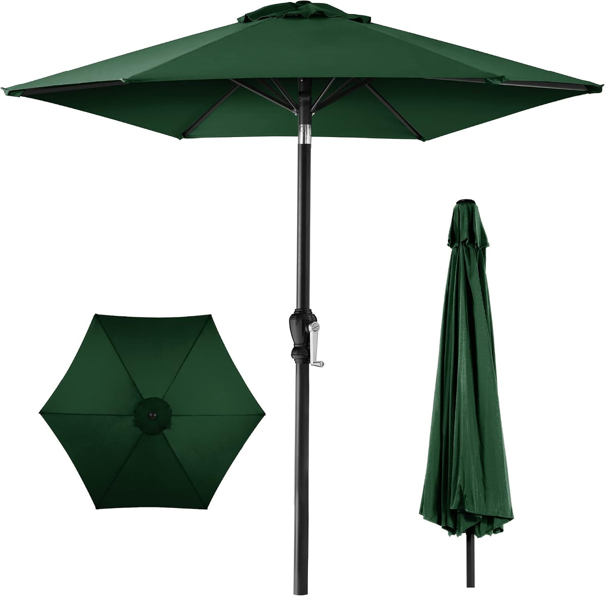 Green 10ft market umbrella open with black pole, top view inset and folded canopy at right
