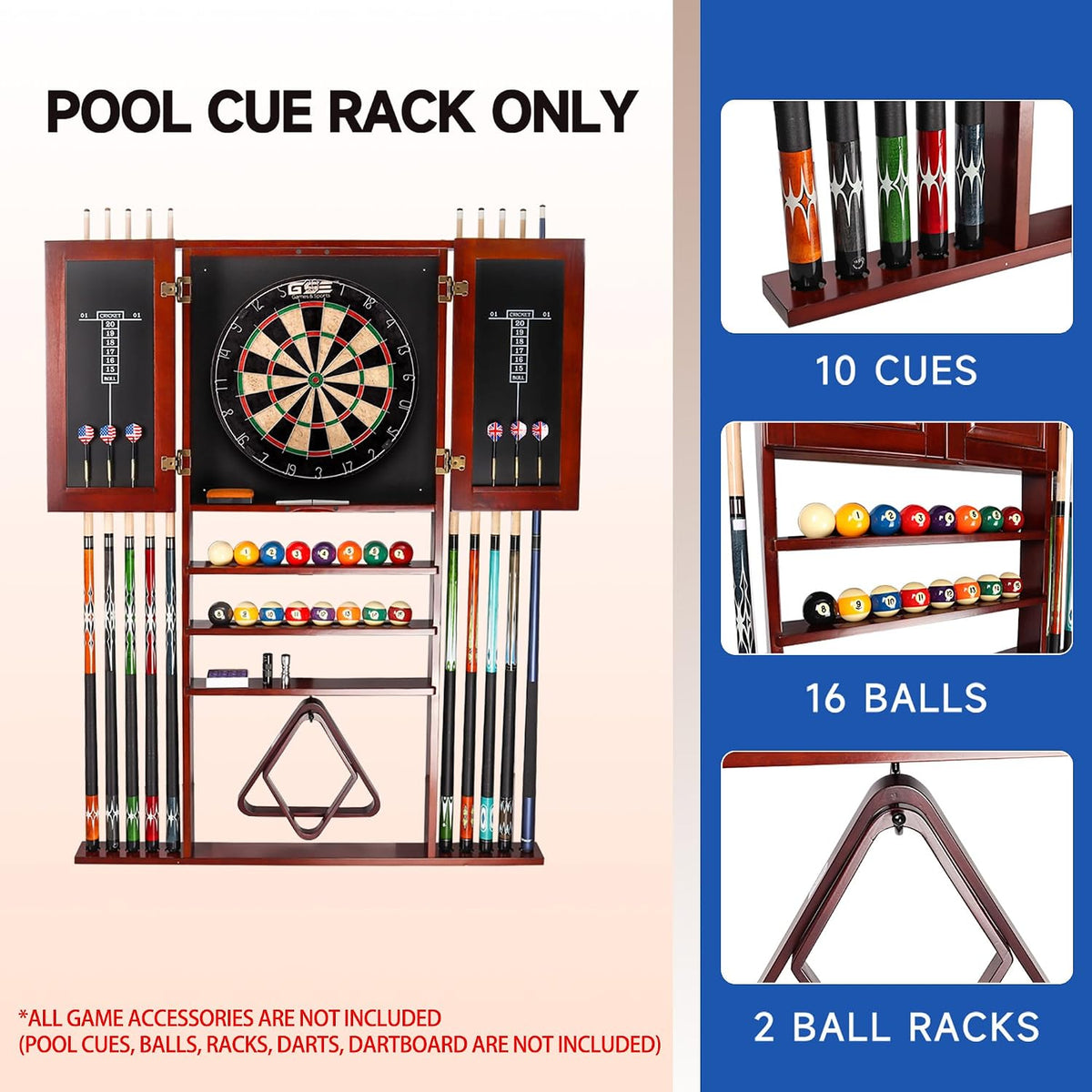 Collage of the cabinet showing dartboard, cue slots, ball shelves and two triangle racks.