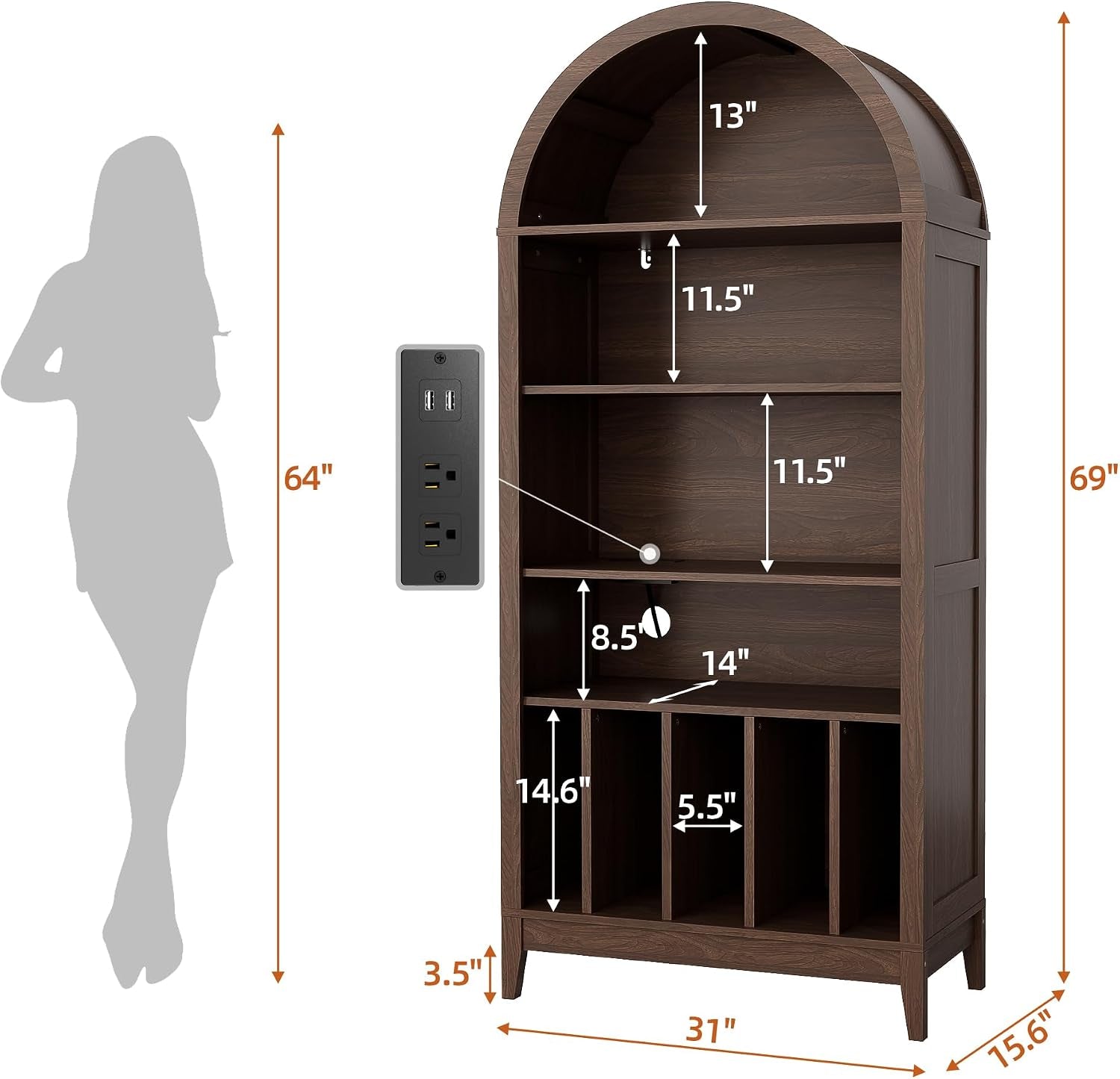 Scale diagram of the record player stand showing overall dimensions, internal shelf heights and the built-in outlet plate