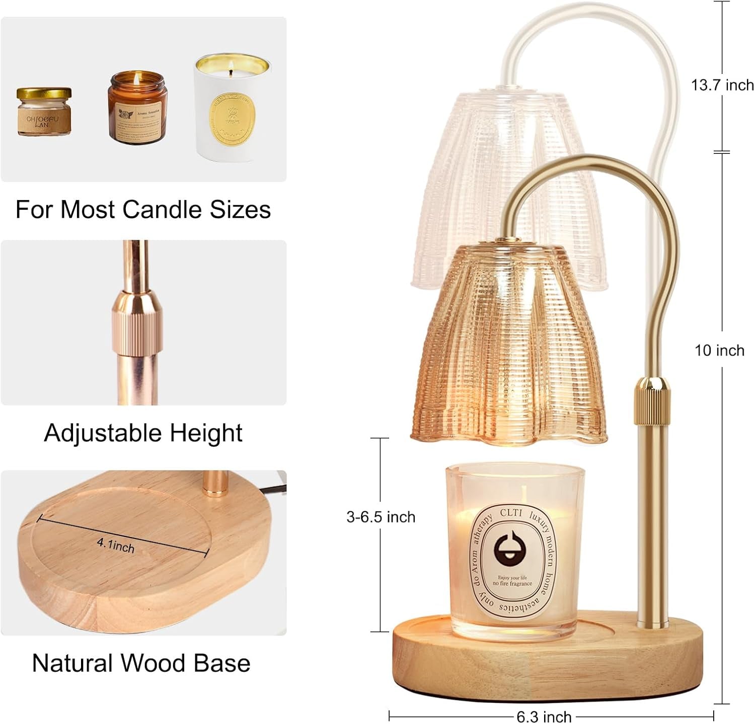 Single gold candle warmer lamp with amber shade and dimension markings showing 10–13.7 inch height and 6.3 inch base