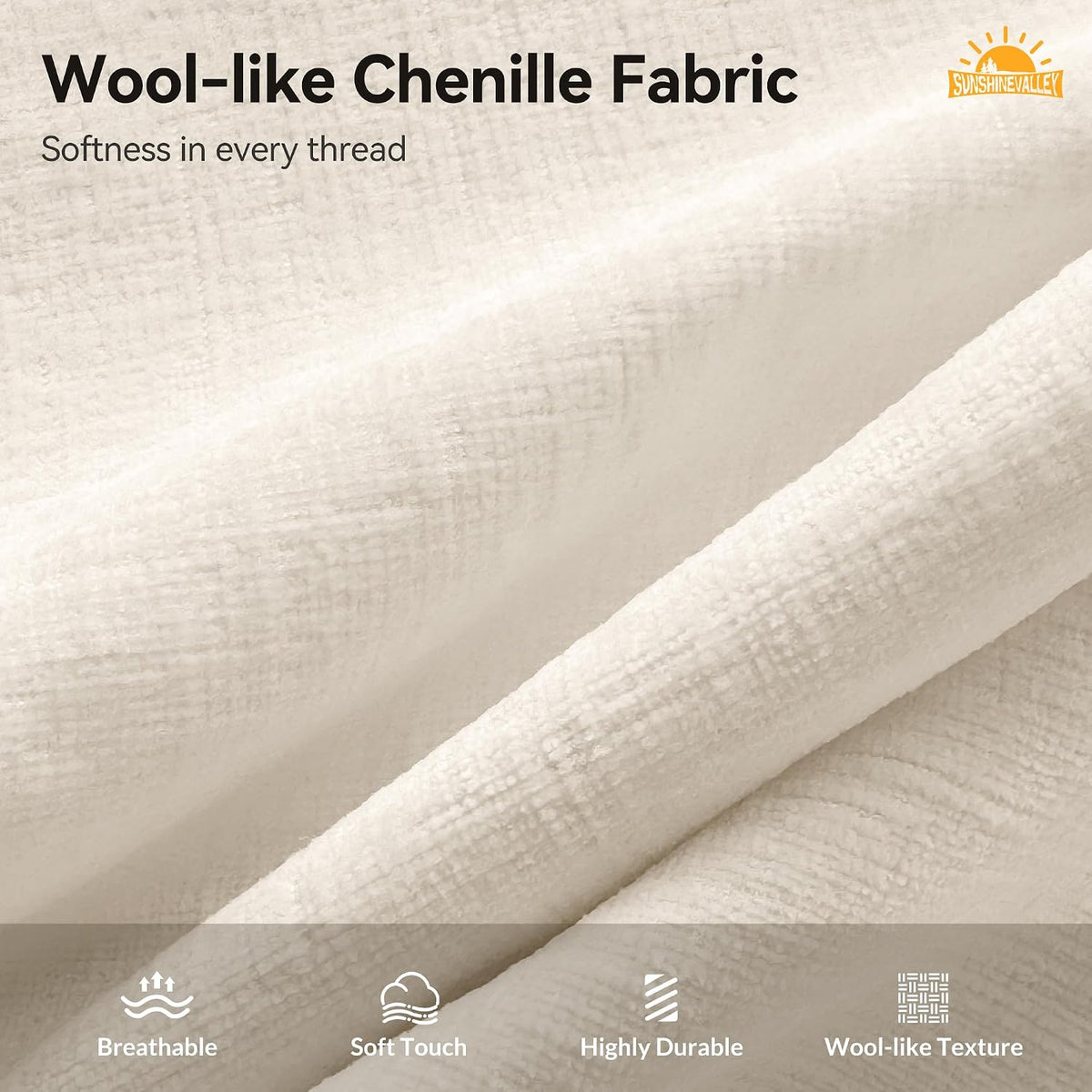 Macro view of soft cream chenille fabric showing wool-like textured weave and nap.