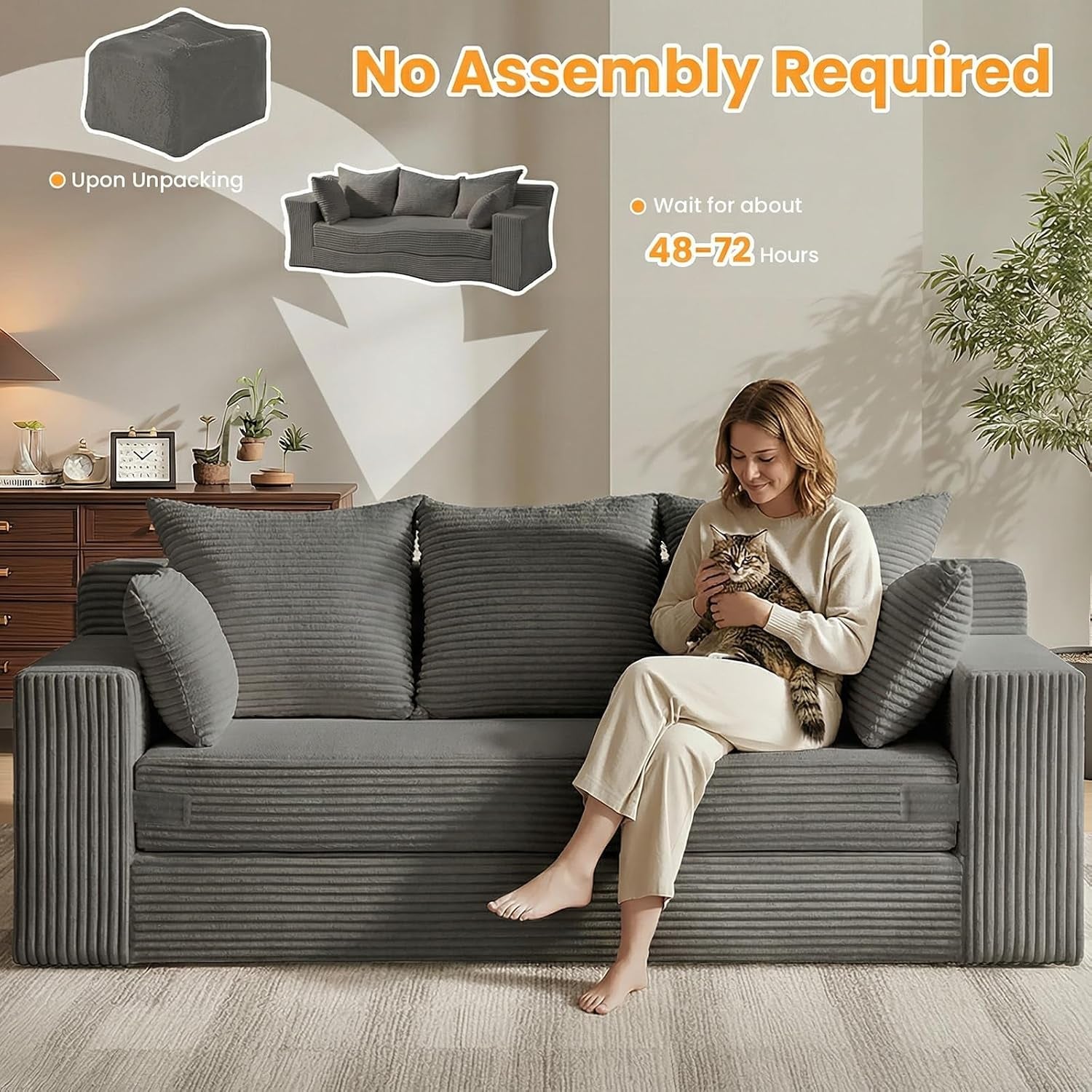 Oversized Boneless Loveseat, 3 Seater Pull Out Convertible Sofa Bed, 70" Gray Boneless Couch Fold Out Floor Couch Sleeper Sofa with 5 Pillows for Living Room Bedroom Lounge Small Space