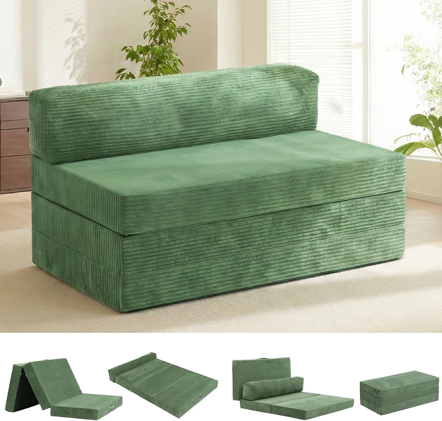 Green corduroy foldable loveseat displayed as a low sofa with rounded back cushion near plants
