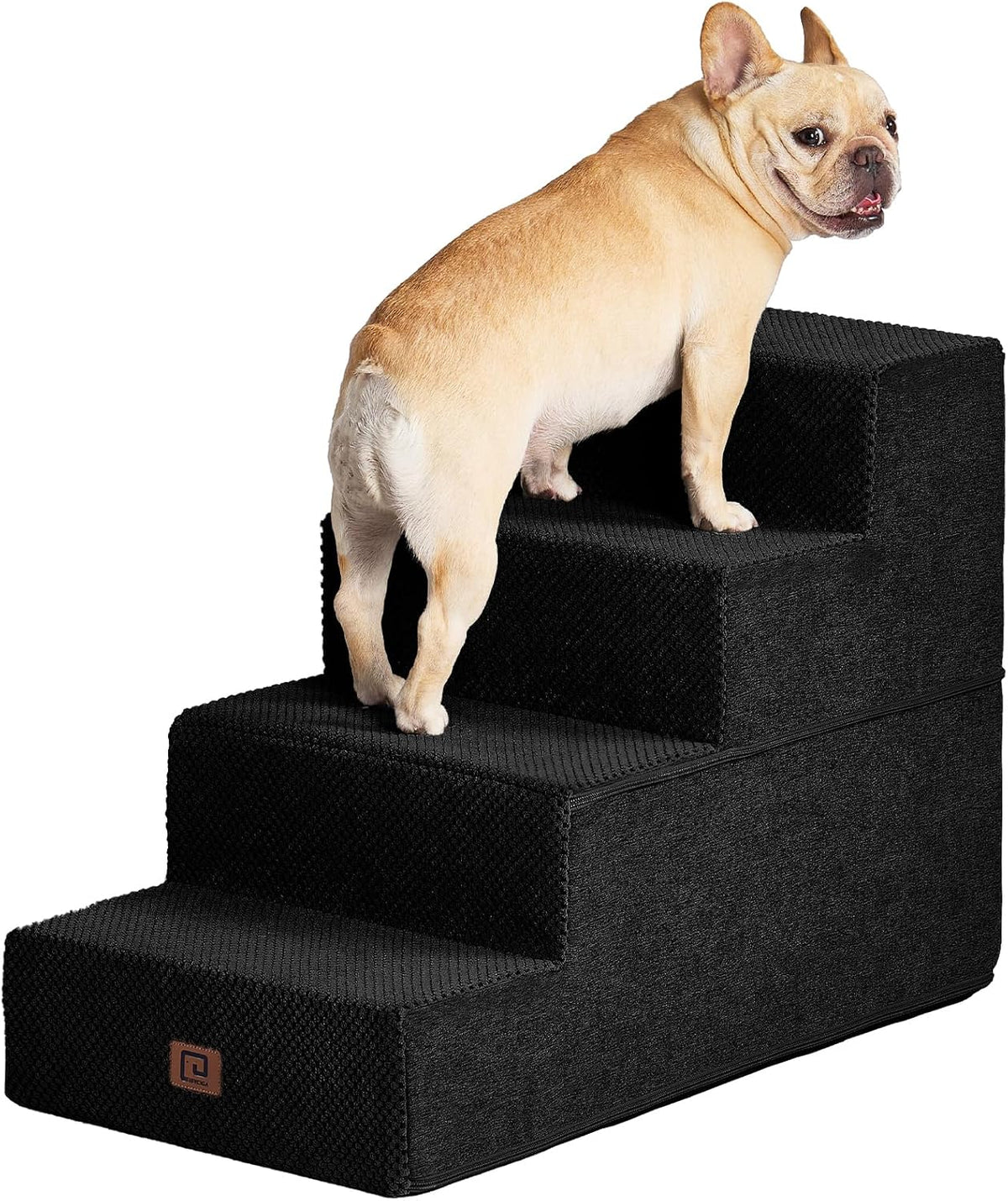 Black four-step dog stairs covered in knit-like fabric with a small French bulldog ascending