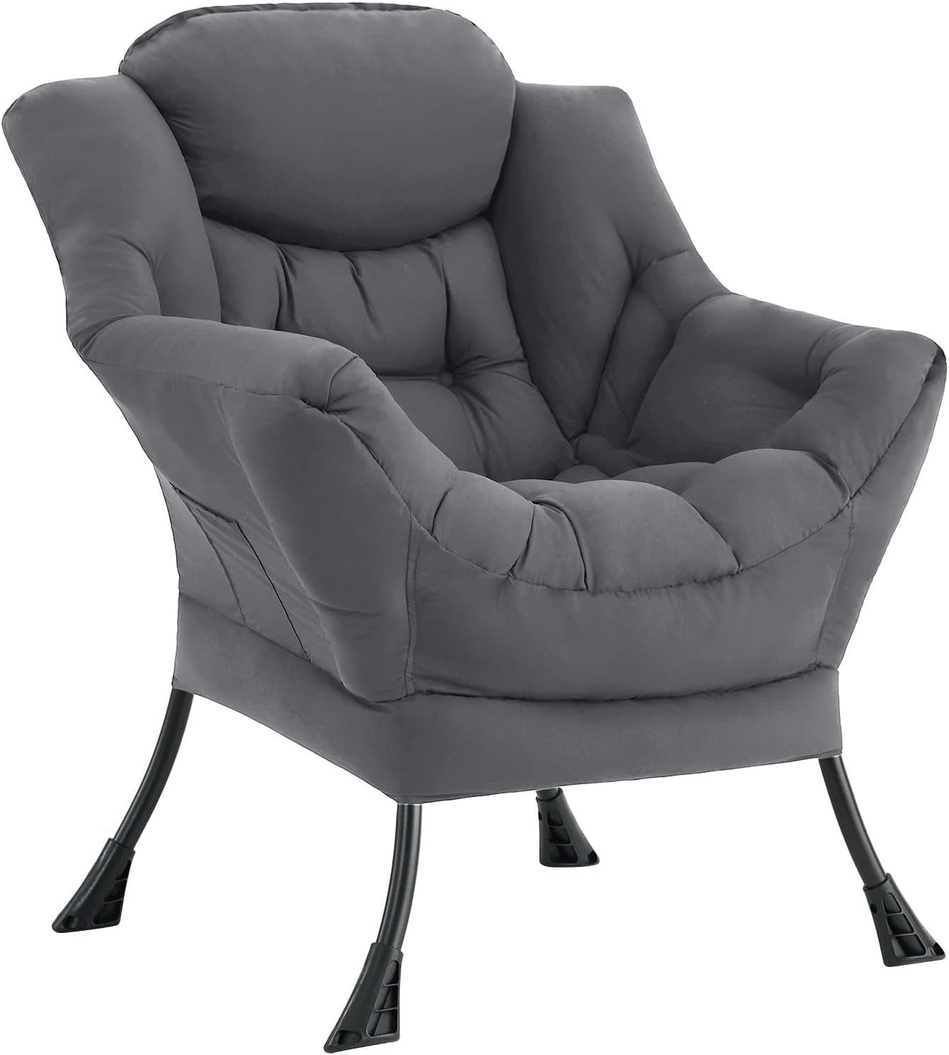 Gray padded lounge chair shown from an angled side view with visible tufting