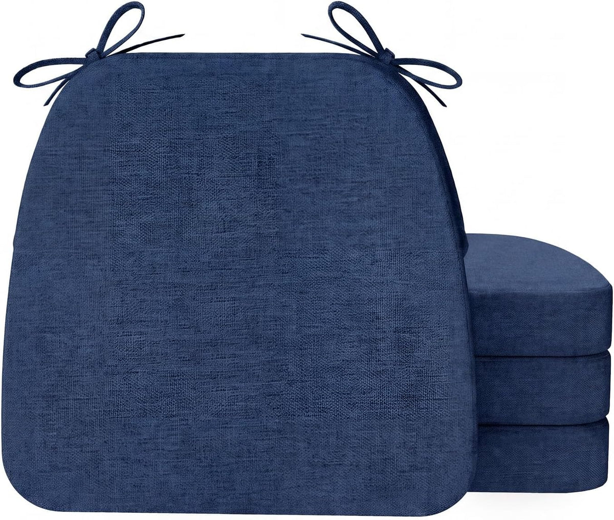 Stack of two navy blue D-shaped chair cushions with tied corner loops