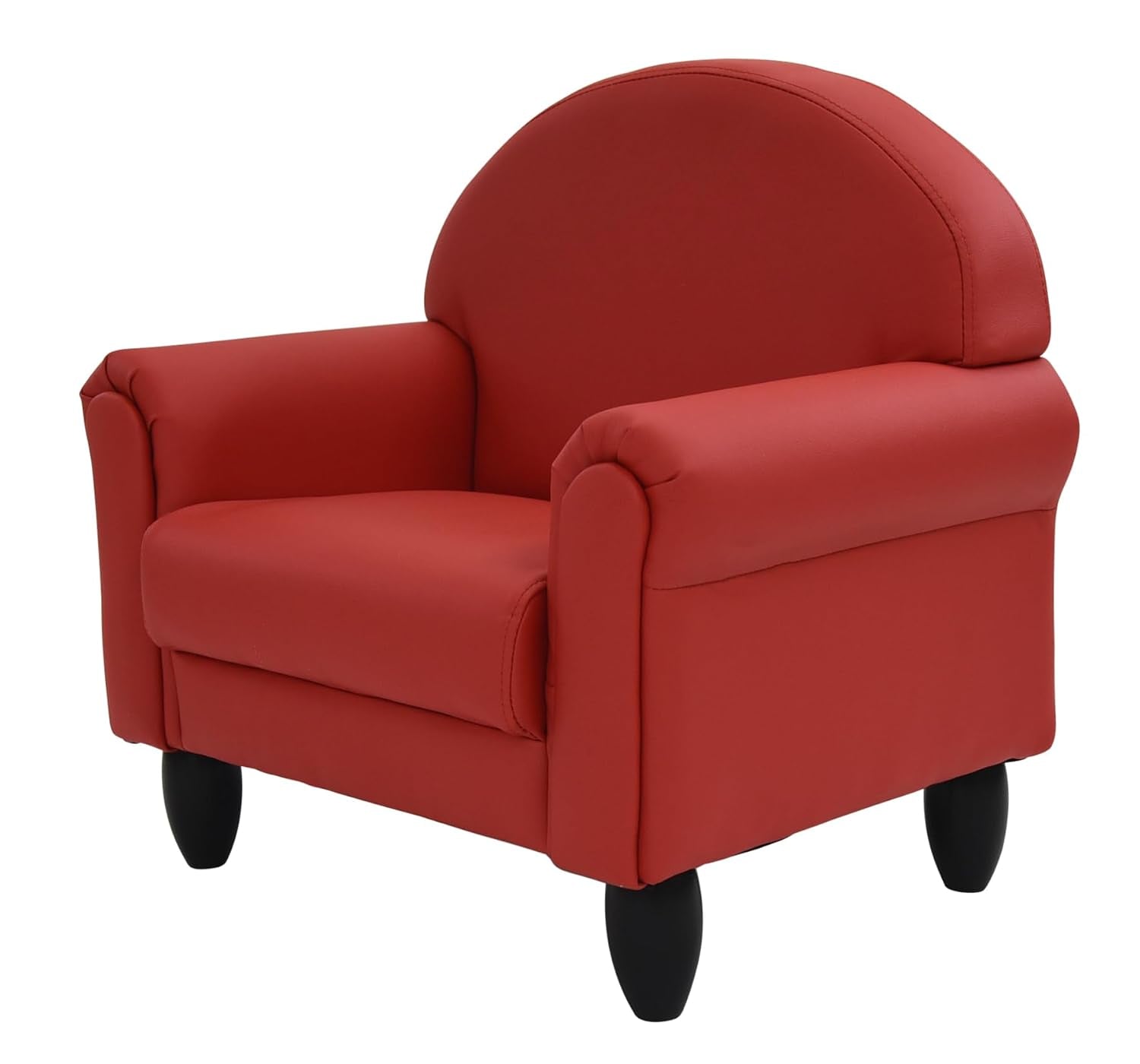 Red kids armchair shown at a three-quarter angle with black tapered legs