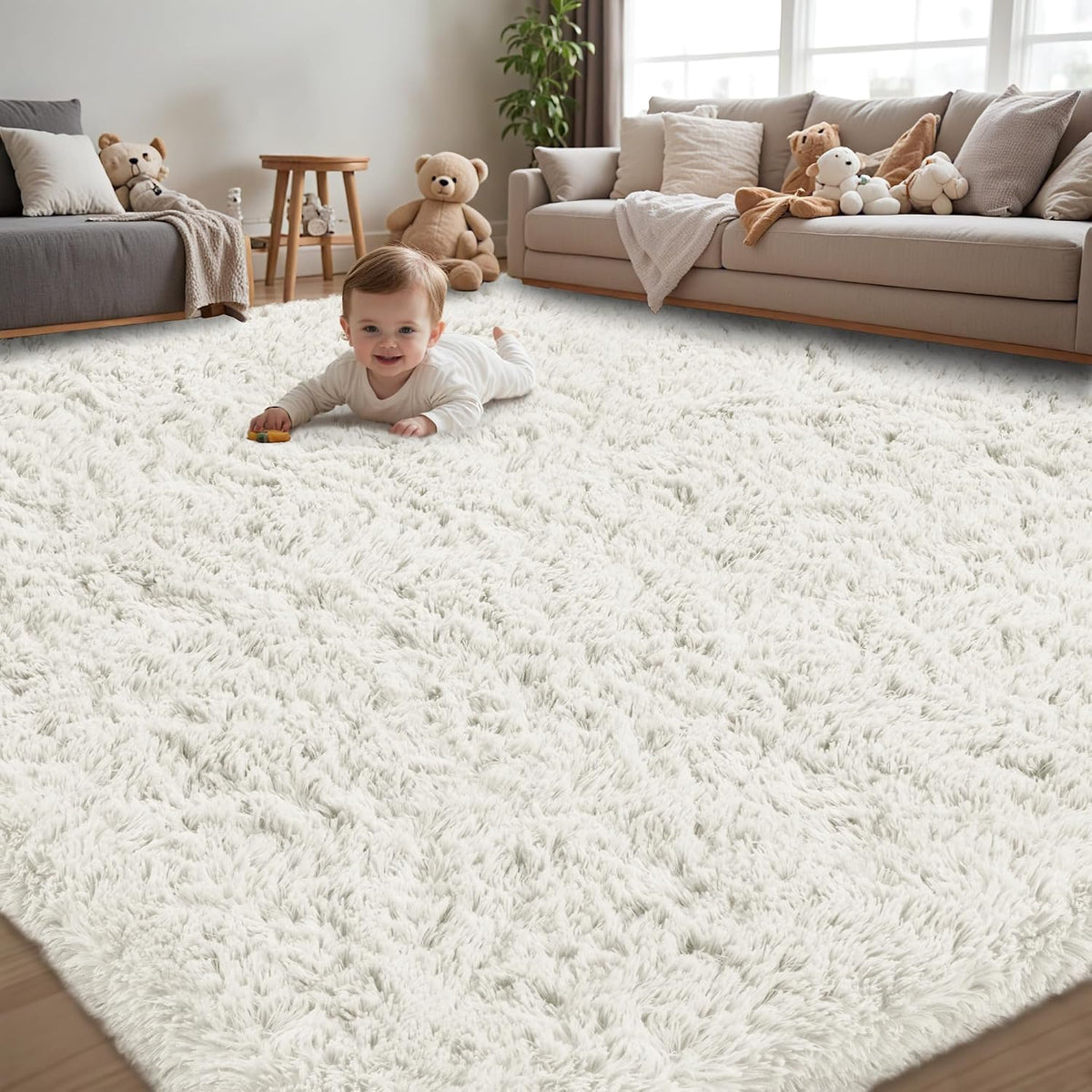 Baby playing on a thick ivory shag rug in a sunlit living room with cushions and toys on the sofa.