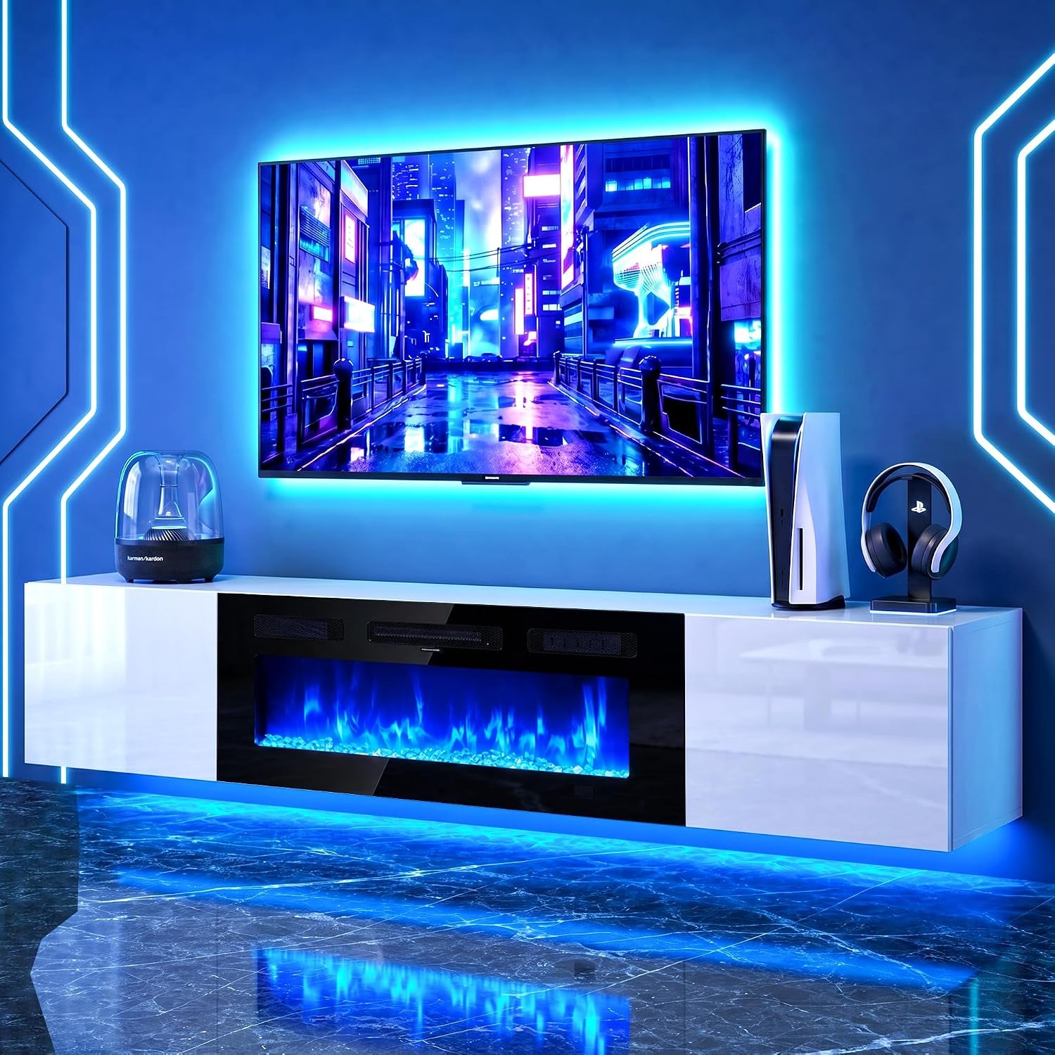 Wall-mounted TV above a glossy white floating console with a black fireplace panel and cool blue LED accents.