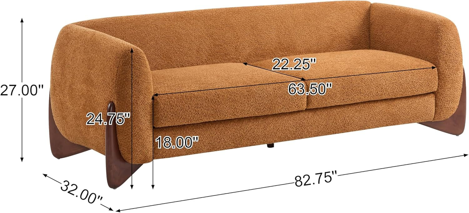 Caramel three-seat sofa with dimension callouts showing height, depth, and width measurements