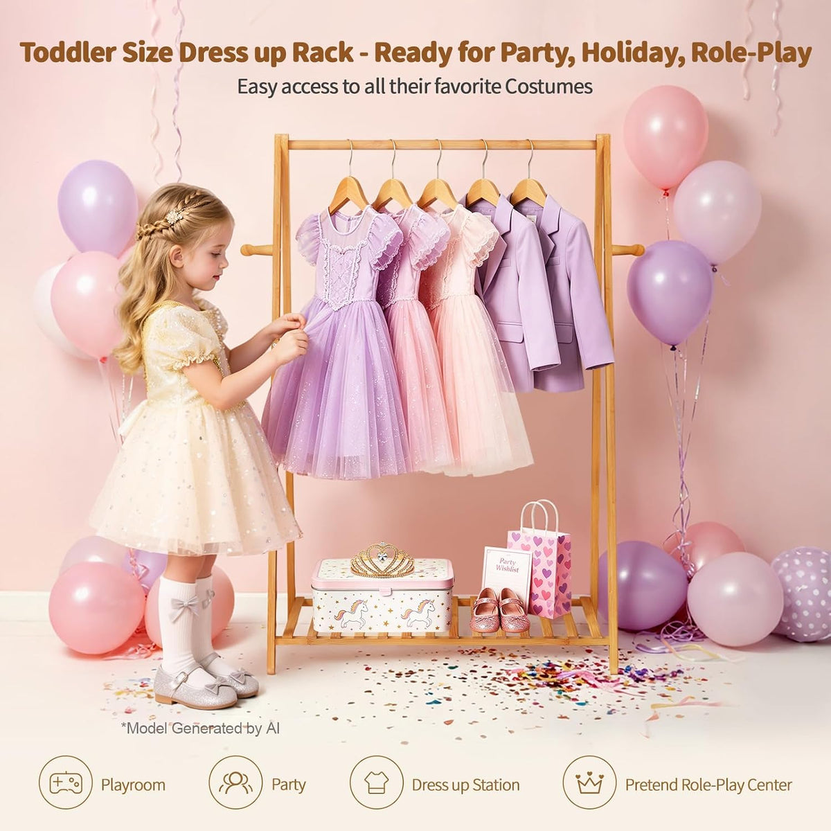Child playing with dress-up clothes on the bamboo rack surrounded by party balloons and gifts.