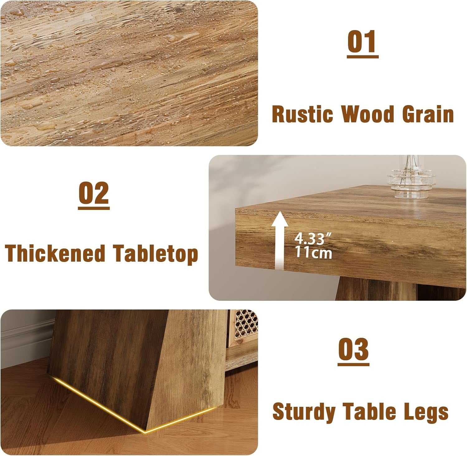 Close-up collage showing rustic wood grain, thickened tabletop and sturdy tapered legs