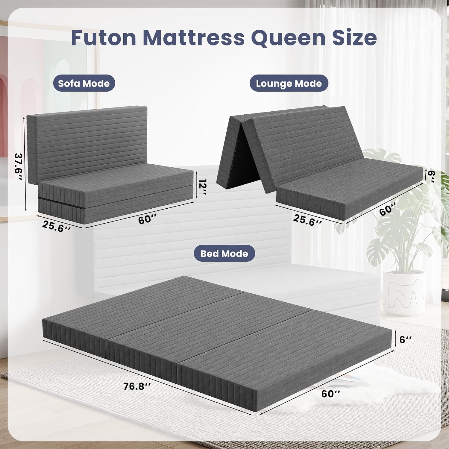 Graphic showing mattress in sofa, lounge and flat bed modes with dimension callouts