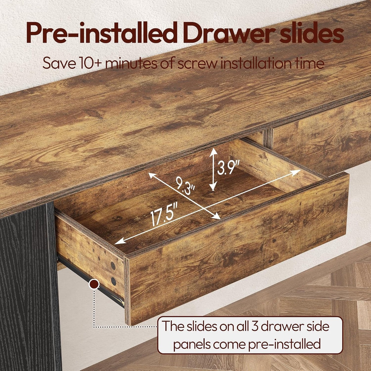 Open middle drawer showing wood-grain interior and white measurement arrows over the compartment.
