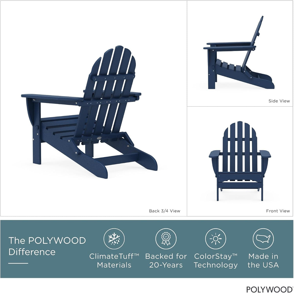 Collage showing back 3/4, side and front views of a navy folding Adirondack chair on a white background